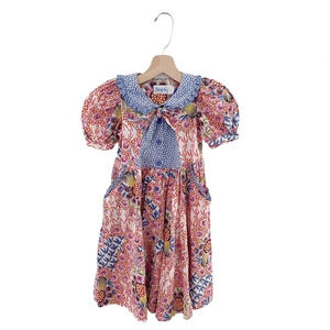 Vintage Mousefeathers Star Print Floral Ruffle Bow Kids Dress Short Sleeve